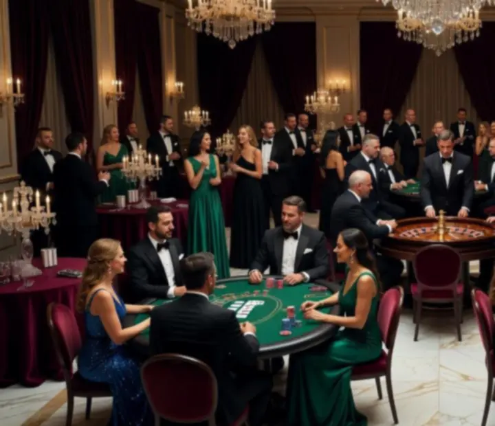 Cinematiczny wieczór eventowy z eleganckimi stołami do pokera, ruletki i blackjacka oraz gośćmi w atmosferze luksusowej rozrywki
