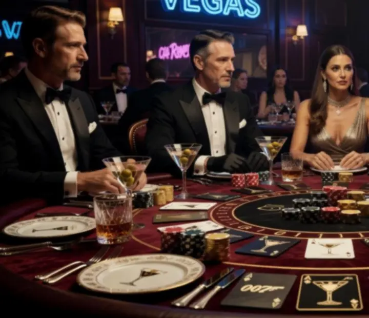 Wieczór tematyczny Casino Royale z eleganckimi dekoracjami i stołami kasynowymi