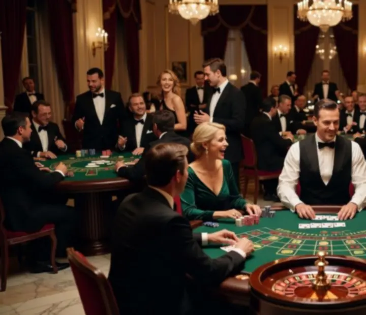 Luksusowy event kasynowy z profesjonalnymi stołami do pokera, ruletki i blackjacka oraz eleganckimi gośćmi