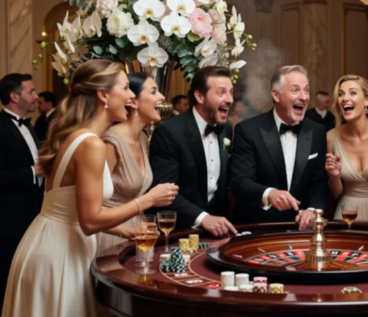 Luksusowa aranżacja mobilnego casino na eleganckim evencie z dopracowanym oświetleniem i dekoracjami