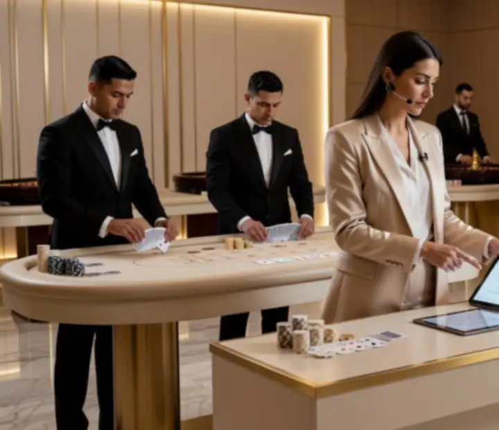 Profesjonalny zespół NAXSOL ENTERPRISES LTD przy stołach do pokera i ruletki podczas eleganckiego eventu.