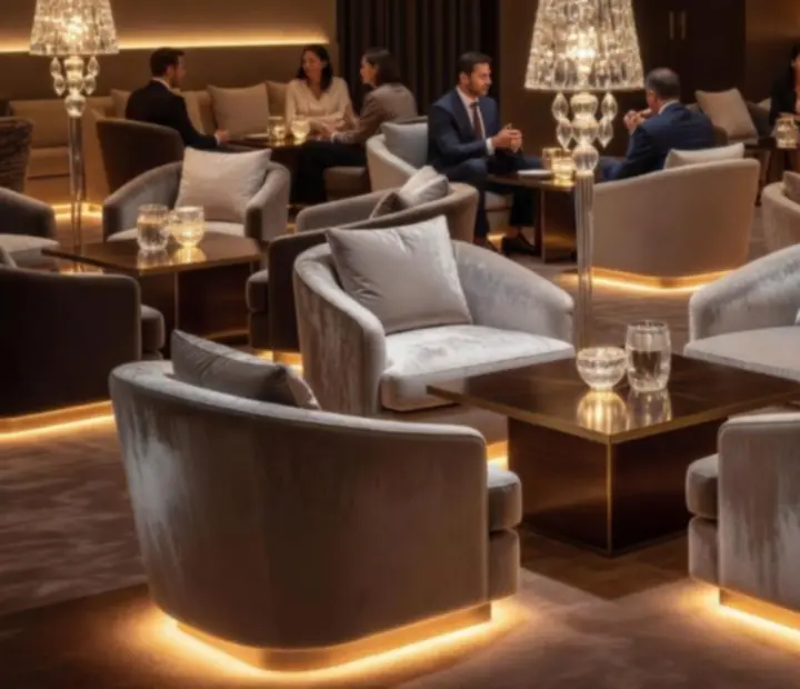 Strefa lounge premium z eleganckimi meblami i nastrojowym oświetleniem